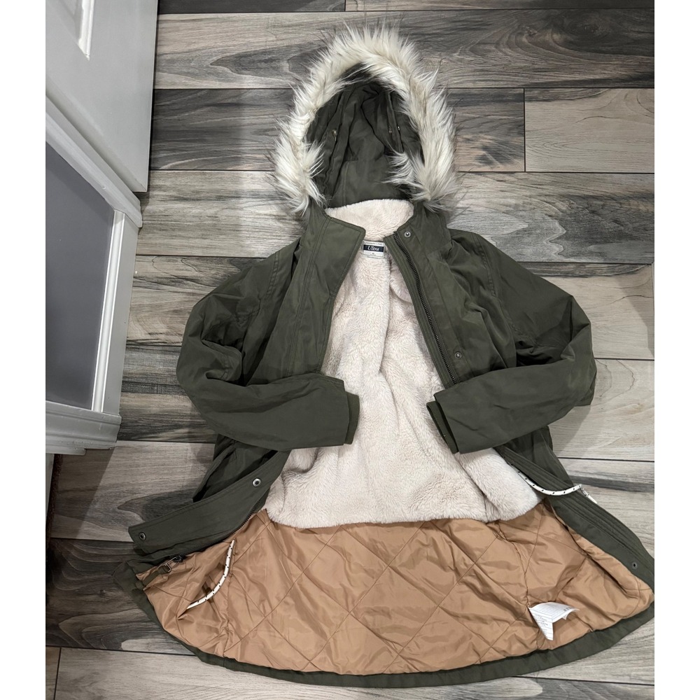 Abercrombie Fitch Ultra Womens Green Parka‎ Jacket Removable Fur Hood XS